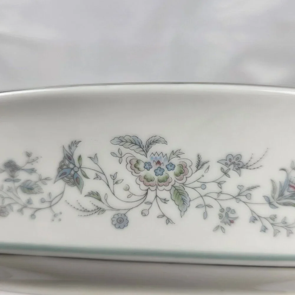 Oxford China Spring 8 Inch Oval Serving Bowl Multicolor Floral Rim Aqua Band